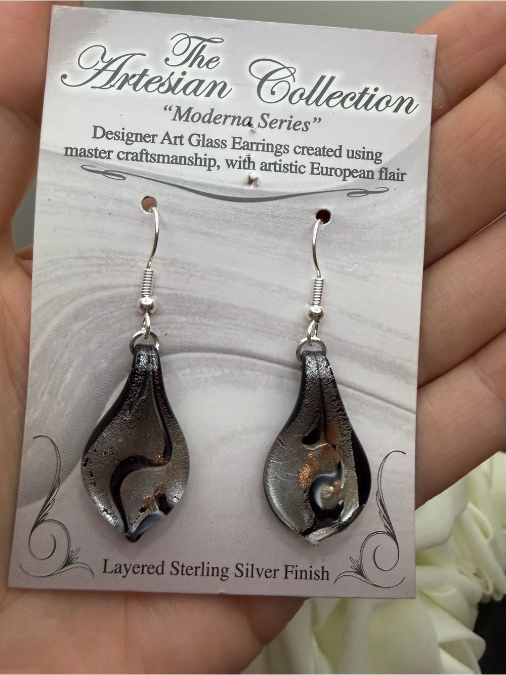 Silver-Accent Glass Teardrop Earrings - Black and Copper